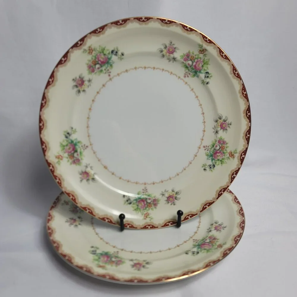 TWO Meito Keepsake Dinner Plates Ivory with Rust & Tan Scroll & Floral Rim